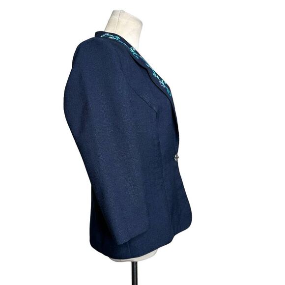 Koret blue floral embroidered lapel 3/4 sleeves blazer size 10P - Picture 6 of 9
